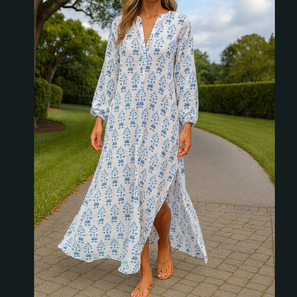 Roller Rabbit Hand Blocked India Cotton Caftan Maxi Dress Tunic Kurta Cover Up - Picture 1 of 11